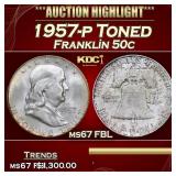 1957-p Franklin Half Dollar Toned 50c ms67 FBL SEG