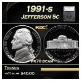 1991-s Proof Jefferson Nickel 5c pr70 dcam SEGS