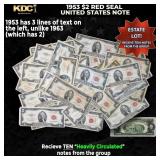 10x 1953 $2 Red Seal United States Note Heavily Ci