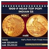 1909-p Gold Indian Half Eagle Near Top Pop! $5 ms6