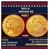1912-s Gold Indian Half Eagle $5 ms62+ USCG