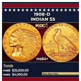 1908-d Gold Indian Half Eagle $5 ms64+ USCG