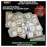 5x 1935 $1 Blue Seal Silver Certificates Heavily C