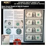 Scarce Uncut Sheet of 4x 1993 $1 Federal Reserve N