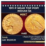 1911-p Gold Indian Half Eagle Near Top Pop! $5 ms6