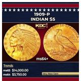 1909-p Gold Indian Half Eagle $5 ms64+ USCG