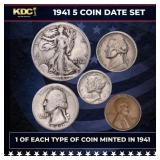 1941 WWII 5 Coin Date Set, 1 Of Each Type Of Coin