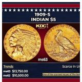 1909-s Gold Indian Half Eagle $5 ms63 USCG