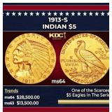 1913-s Gold Indian Half Eagle $5 ms64 USCG