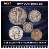 1947 5 Coin Date Set, 1 Of Each Type Of Coin Minte
