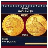 1914-d Gold Indian Half Eagle $5 ms64 USCG