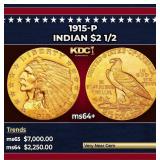 1915-p Gold Indian Quarter Eagle $2 1/2 ms64+ SEGS
