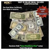 5x 1957 $1 Blue Seal Silver Certificates Grades VF