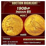 1908-p Gold Indian Half Eagle $5 ms65 USCG