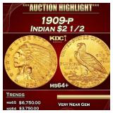 1909-p Gold Indian Quarter Eagle $2 1/2 ms64+ SEGS