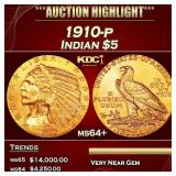 1910-p Gold Indian Half Eagle $5 ms64+ USCG
