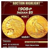1908-p Gold Indian Half Eagle $5 ms64+ USCG