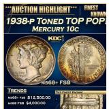 1938-p Mercury Dime Toned TOP POP! 10c ms68+ FSB S