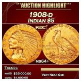 1908-d Gold Indian Half Eagle $5 ms64+ USCG
