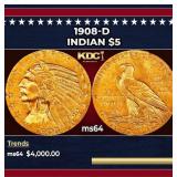 1908-d Gold Indian Half Eagle $5 ms64 USCG