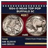 1934-d Buffalo Nickel Near Top Pop 5c ms66 SEGS