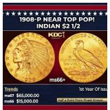 1908-p Gold Indian Quarter Eagle Near Top Pop! $2