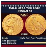 1911-p Gold Indian Half Eagle Near Top Pop! $5 ms6