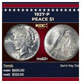 1927-p Peace Dollar $1 Grades ms63+