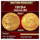 1915-p Gold Indian Half Eagle $5 ms64+ USCG