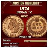 1874 Proof Indian Cent 1c pr66+ rb SEGS