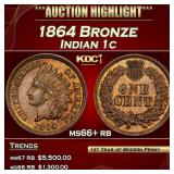 1864 Bronze Indian Cent 1c ms66+ rb SEGS