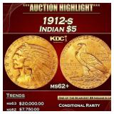 1912-s Gold Indian Half Eagle $5 ms62+ USCG