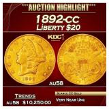 1892-cc Gold Liberty Double Eagle $20 au58 SEGS
