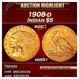 1908-d Gold Indian Half Eagle $5 ms65+ USCG