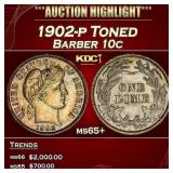 1902-p Barber Dime Toned 10c ms65+ SEGS