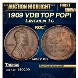 1909 VDB Lincoln Cent TOP POP! 1c ms67 bn SEGS