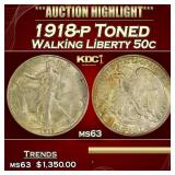 1918-p Walking Liberty Half Dollar Toned 50c ms63