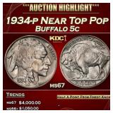1934-p Buffalo Nickel Near Top Pop 5c ms67 SEGS