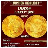 1853-p Gold Liberty Double Eagle $20 ms63+ SEGS