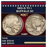 1913-d Ty I Buffalo Nickel 5c Grades ms65+