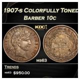 1907-s Barber Dime Colorfully Toned 10c Grades ms6