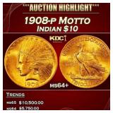 1908-p Motto Gold Indian Eagle $10 ms64+ SEGS