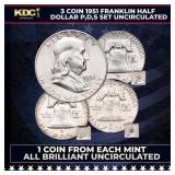 3 Coin 1951 Franklin Half Dollar P,D,S Set Uncircu