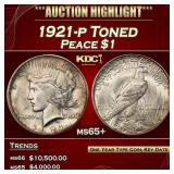 1921-p Peace Dollar Toned $1 ms65+ SEGS