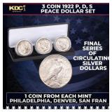 3 Coin 1922 P, D, S Peace Dollar Set, 1 Coin From