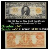 1922 $20 Large Size Gold Certificate Grades xf+ Si