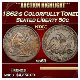 1862-s Seated Half Dollar Colorfully Toned 50c ms6