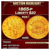 1865-p Gold Liberty Double Eagle $20 ms62 USCG