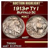 1913-p Ty I Buffalo Nickel 5c ms67 SEGS