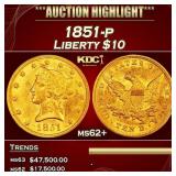1851-p Gold Liberty Eagle $10 ms62+ USCG